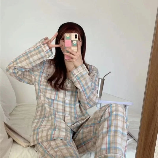 Two-Piece Set Women Plaid Casual Simple Sleepwear