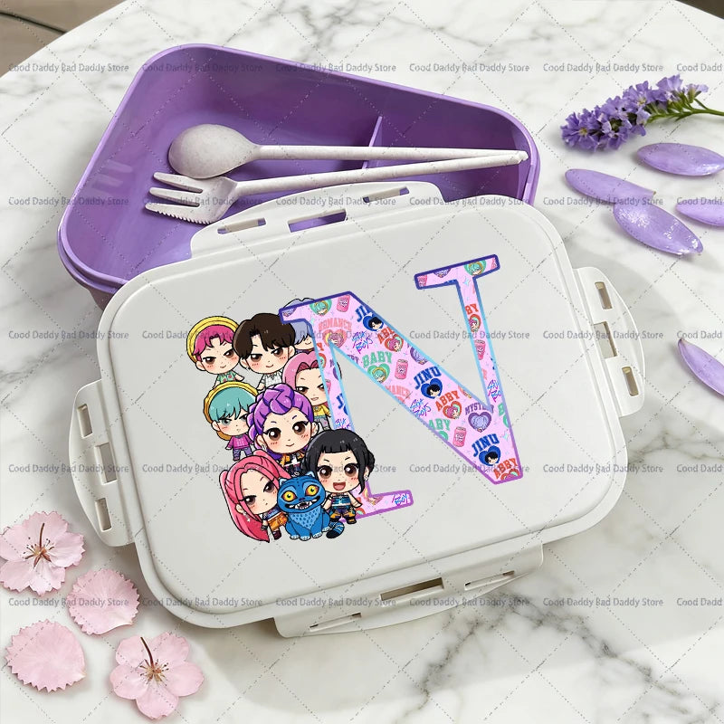 Kpop Demon Hunters Name Combination Letter A-Z Print Lunch Boxes Purple Huntrix Saja Boys Bento Box Women Picnic Food Container