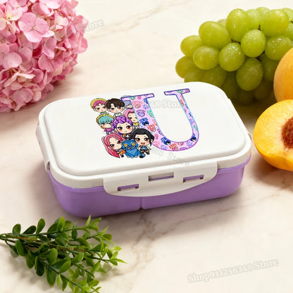 Kpop Demon Hunters Name Combination Letter A-Z Print Lunch Boxes Purple Huntrix Saja Boys Bento Box Women Picnic Food Container