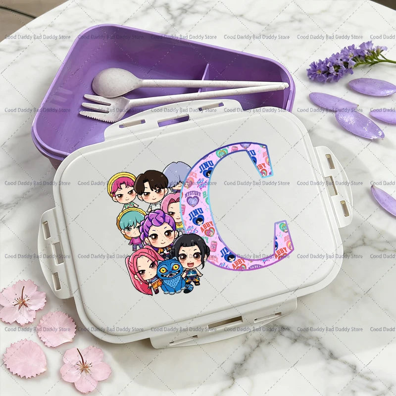 Kpop Demon Hunters Name Combination Letter A-Z Print Lunch Boxes Purple Huntrix Saja Boys Bento Box Women Picnic Food Container