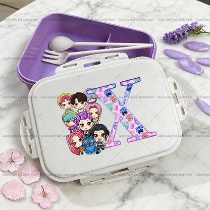 Kpop Demon Hunters Name Combination Letter A-Z Print Lunch Boxes Purple Huntrix Saja Boys Bento Box Women Picnic Food Container