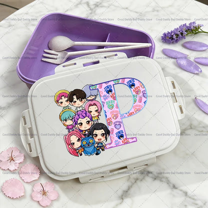 Kpop Demon Hunters Name Combination Letter A-Z Print Lunch Boxes Purple Huntrix Saja Boys Bento Box Women Picnic Food Container