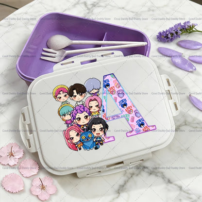 Kpop Demon Hunters Name Combination Letter A-Z Print Lunch Boxes Purple Huntrix Saja Boys Bento Box Women Picnic Food Container