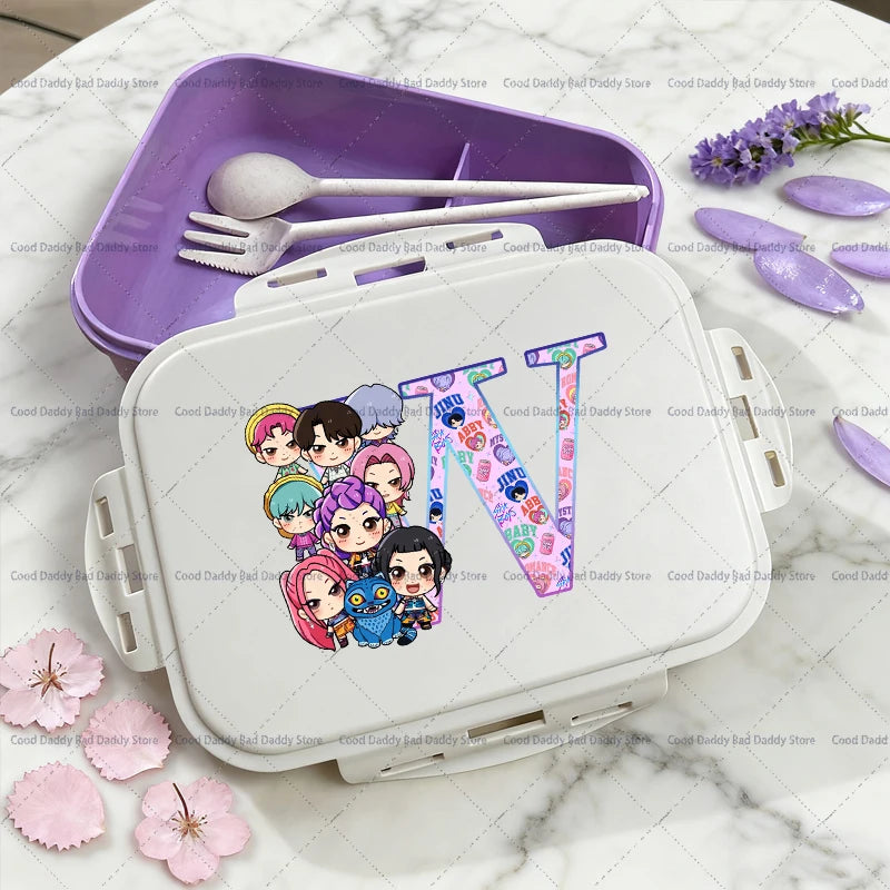 Kpop Demon Hunters Name Combination Letter A-Z Print Lunch Boxes Purple Huntrix Saja Boys Bento Box Women Picnic Food Container