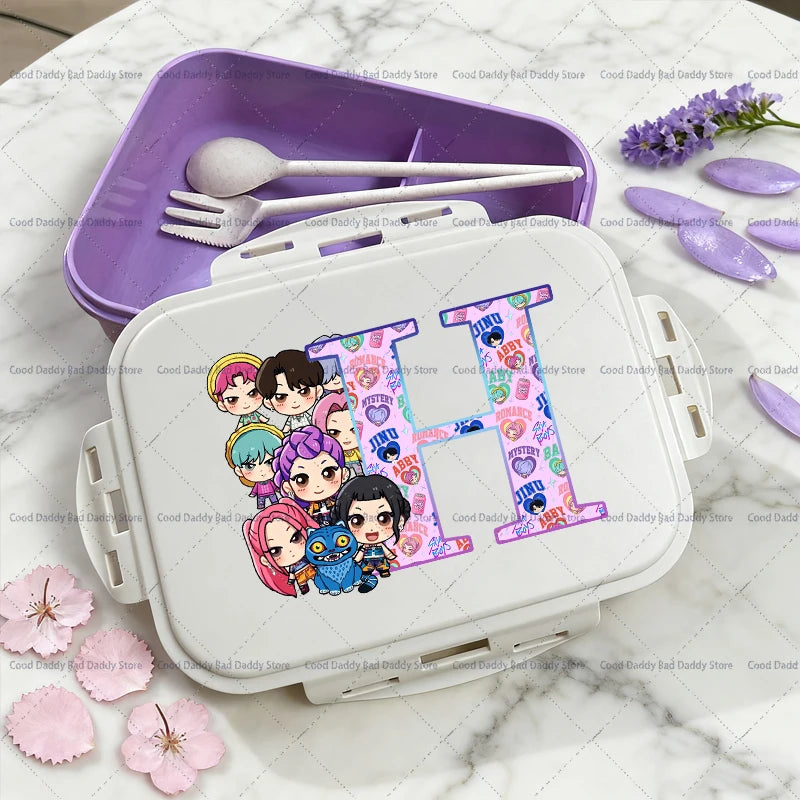 Kpop Demon Hunters Name Combination Letter A-Z Print Lunch Boxes Purple Huntrix Saja Boys Bento Box Women Picnic Food Container