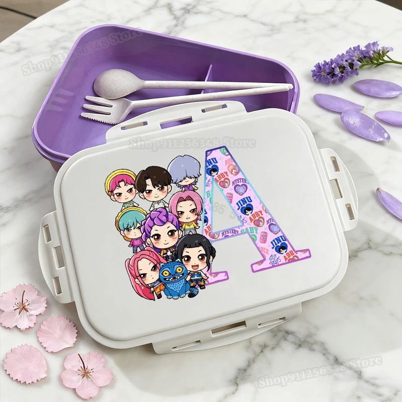 Kpop Demon Hunters Name Combination Letter A-Z Print Lunch Boxes Purple Huntrix Saja Boys Bento Box Women Picnic Food Container