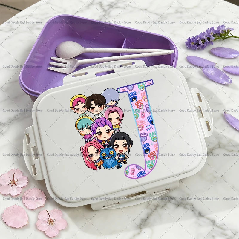 Kpop Demon Hunters Name Combination Letter A-Z Print Lunch Boxes Purple Huntrix Saja Boys Bento Box Women Picnic Food Container