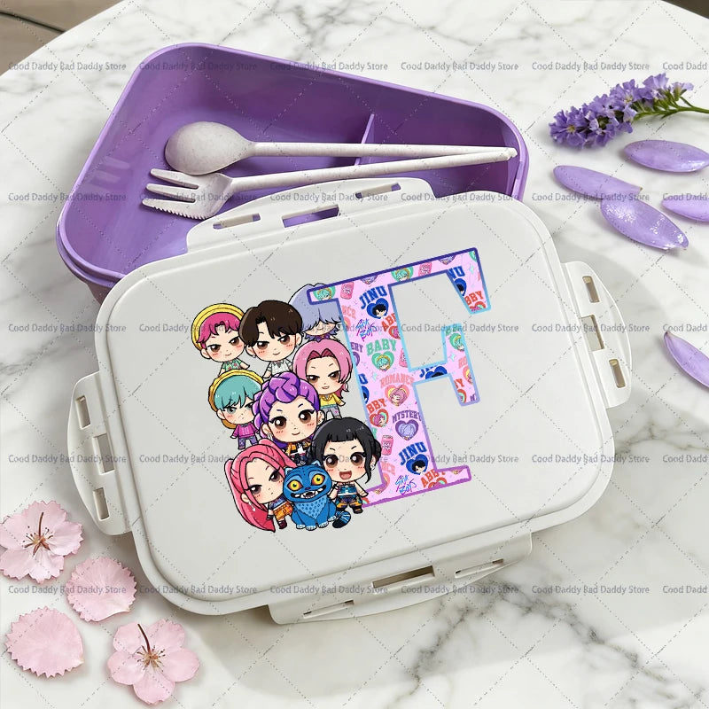 Kpop Demon Hunters Name Combination Letter A-Z Print Lunch Boxes Purple Huntrix Saja Boys Bento Box Women Picnic Food Container