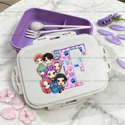 Kpop Demon Hunters Name Combination Letter A-Z Print Lunch Boxes Purple Huntrix Saja Boys Bento Box Women Picnic Food Container