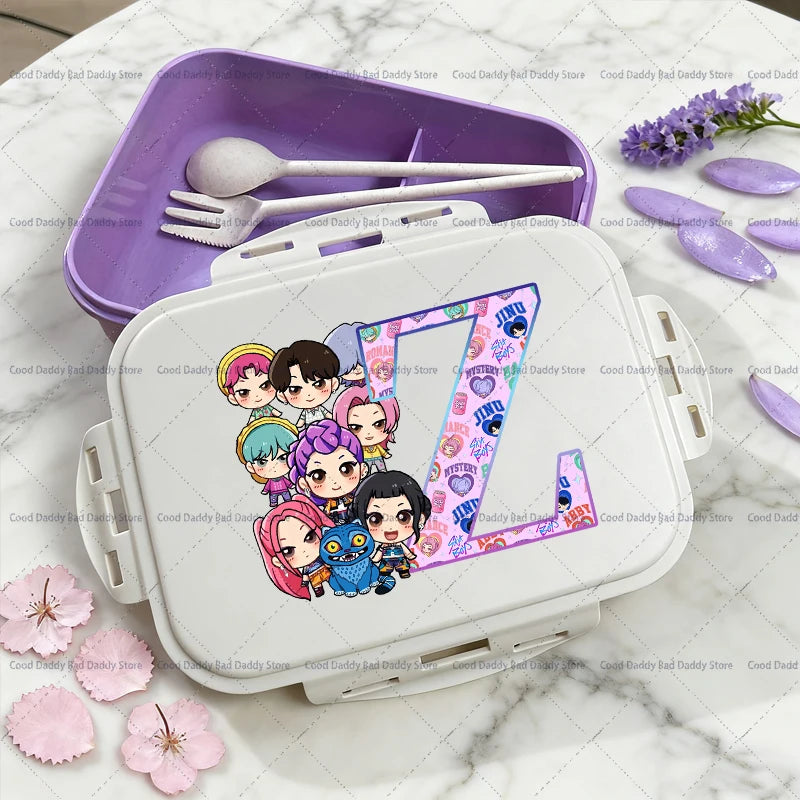Kpop Demon Hunters Name Combination Letter A-Z Print Lunch Boxes Purple Huntrix Saja Boys Bento Box Women Picnic Food Container