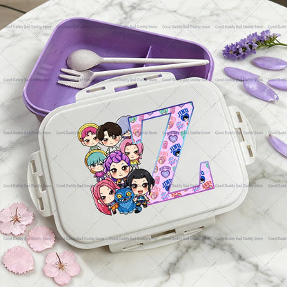 Kpop Demon Hunters Name Combination Letter A-Z Print Lunch Boxes Purple Huntrix Saja Boys Bento Box Women Picnic Food Container