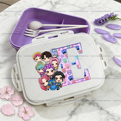 Kpop Demon Hunters Name Combination Letter A-Z Print Lunch Boxes Purple Huntrix Saja Boys Bento Box Women Picnic Food Container