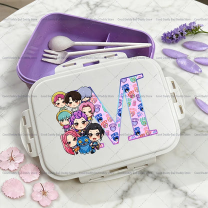Kpop Demon Hunters Name Combination Letter A-Z Print Lunch Boxes Purple Huntrix Saja Boys Bento Box Women Picnic Food Container
