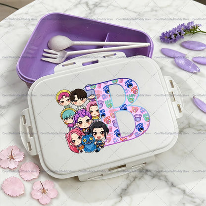 Kpop Demon Hunters Name Combination Letter A-Z Print Lunch Boxes Purple Huntrix Saja Boys Bento Box Women Picnic Food Container