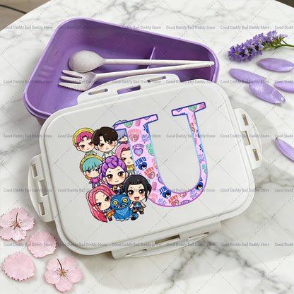 Kpop Demon Hunters Name Combination Letter A-Z Print Lunch Boxes Purple Huntrix Saja Boys Bento Box Women Picnic Food Container