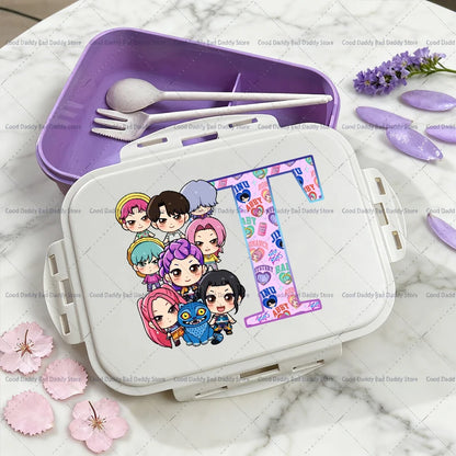 Kpop Demon Hunters Name Combination Letter A-Z Print Lunch Boxes Purple Huntrix Saja Boys Bento Box Women Picnic Food Container