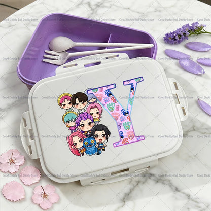 Kpop Demon Hunters Name Combination Letter A-Z Print Lunch Boxes Purple Huntrix Saja Boys Bento Box Women Picnic Food Container