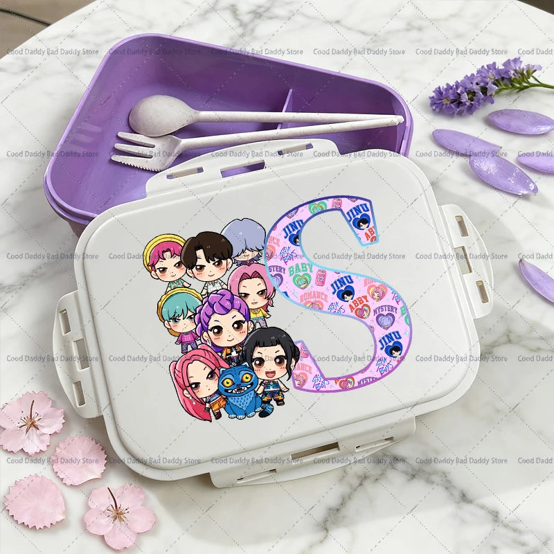 Kpop Demon Hunters Name Combination Letter A-Z Print Lunch Boxes Purple Huntrix Saja Boys Bento Box Women Picnic Food Container