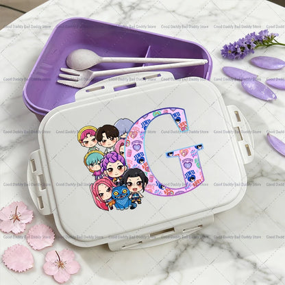Kpop Demon Hunters Name Combination Letter A-Z Print Lunch Boxes Purple Huntrix Saja Boys Bento Box Women Picnic Food Container