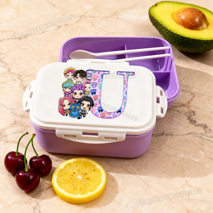 Kpop Demon Hunters Name Combination Letter A-Z Print Lunch Boxes Purple Huntrix Saja Boys Bento Box Women Picnic Food Container