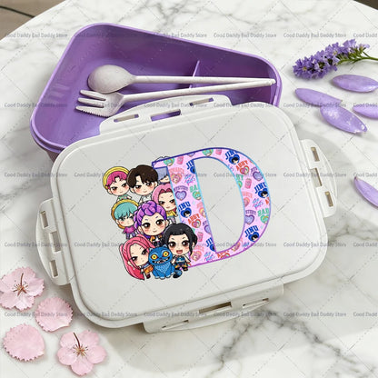 Kpop Demon Hunters Name Combination Letter A-Z Print Lunch Boxes Purple Huntrix Saja Boys Bento Box Women Picnic Food Container