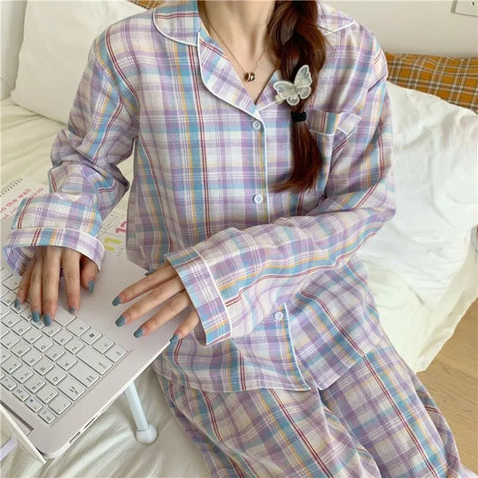 Two-Piece Set Women Plaid Casual Simple Sleepwear